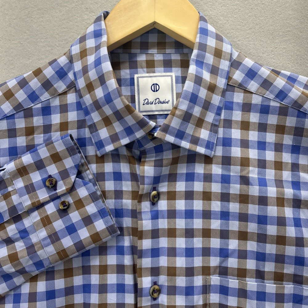 David Donahue Oxford Shirt Men Large Blue Gingham Check Plaid Dress Spread